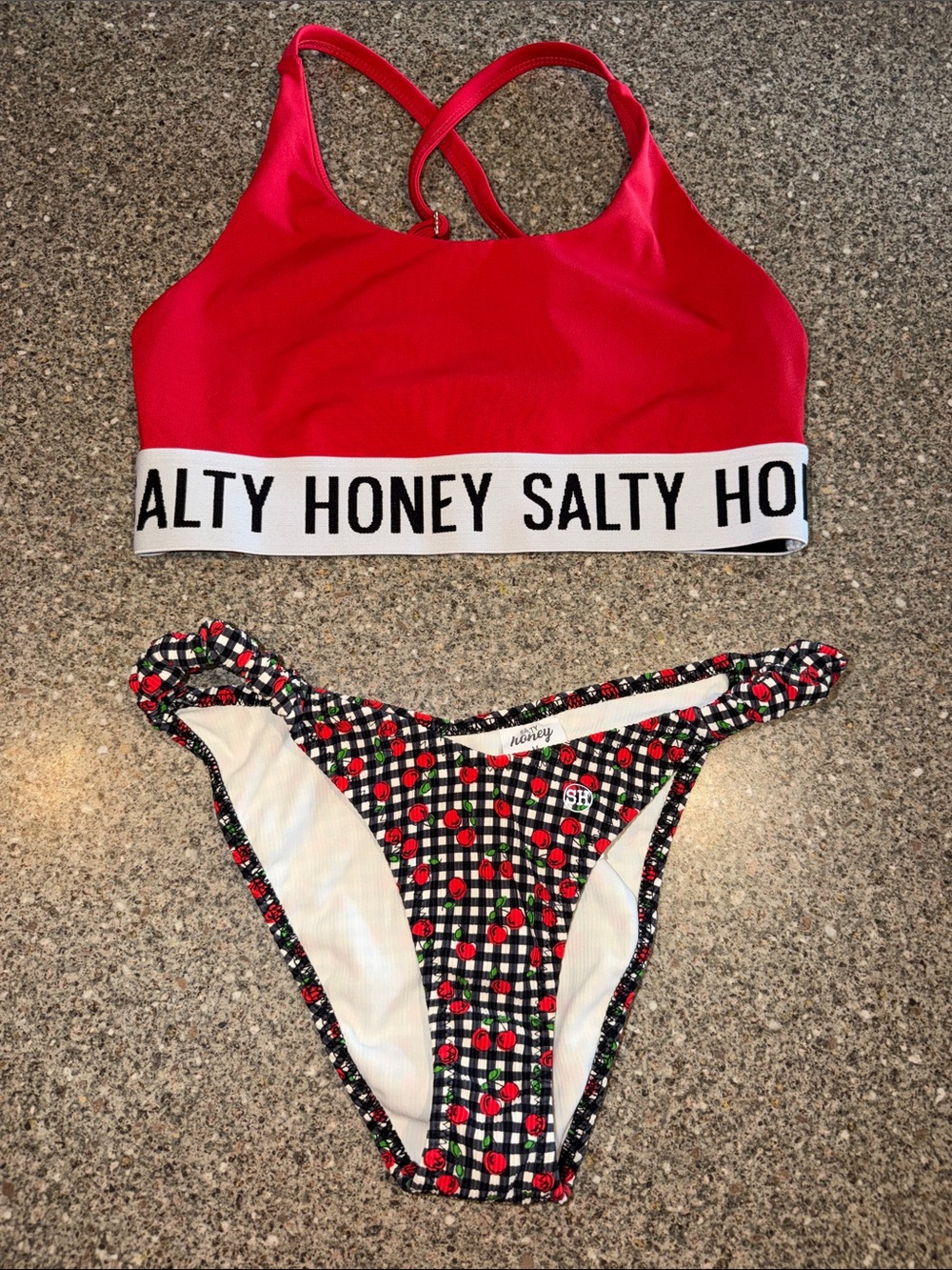 Salty Honey Red Racerback Bikini Top with Cherry-Print Bottoms